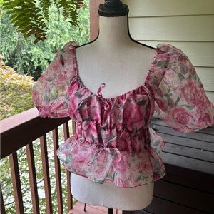 Joie Pink Floral Puffed Sleeve Crop Blouse. Size Small.
